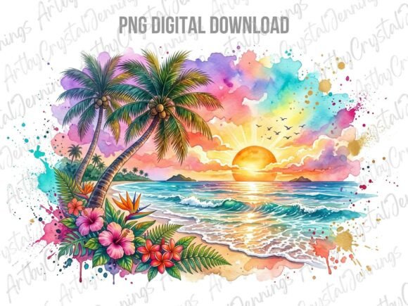 Download Tropical Sunset Beach Watercolor PNG - Watercolor png Collection