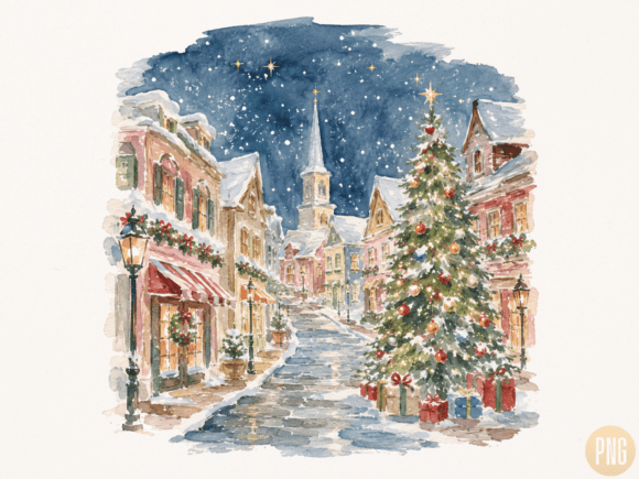 Download Vintage Christmas Village Watercolor PNG - Watercolor png Collection