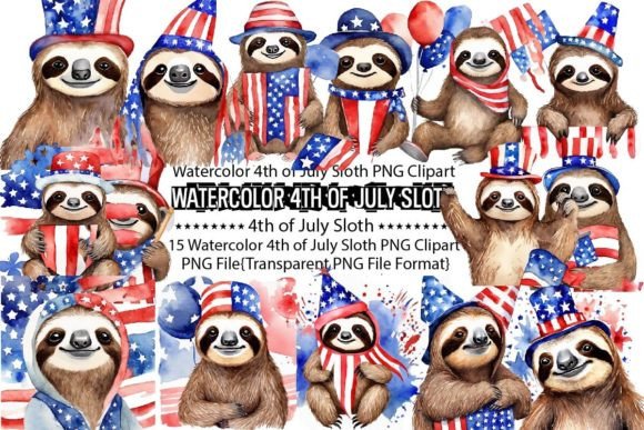 Download Watercolor 4th of July Sloth Sublimation - Sloth Collection